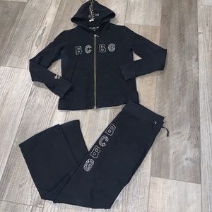 BCBGMaxAzria Black Track Suit jacket pants EUC M bedazzled studded logo spellout